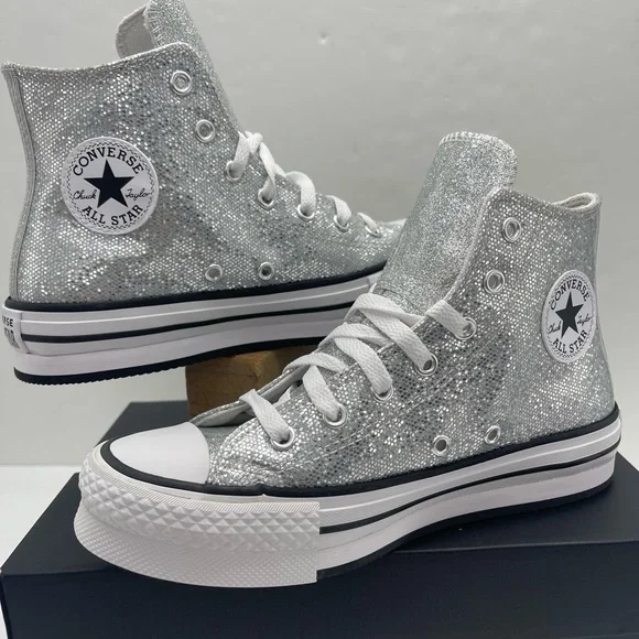 Converse CTAS EVA LIFT HI Chuck Taylor All Star High Top Sneakers Silver Glitter - Picture 6 of 16